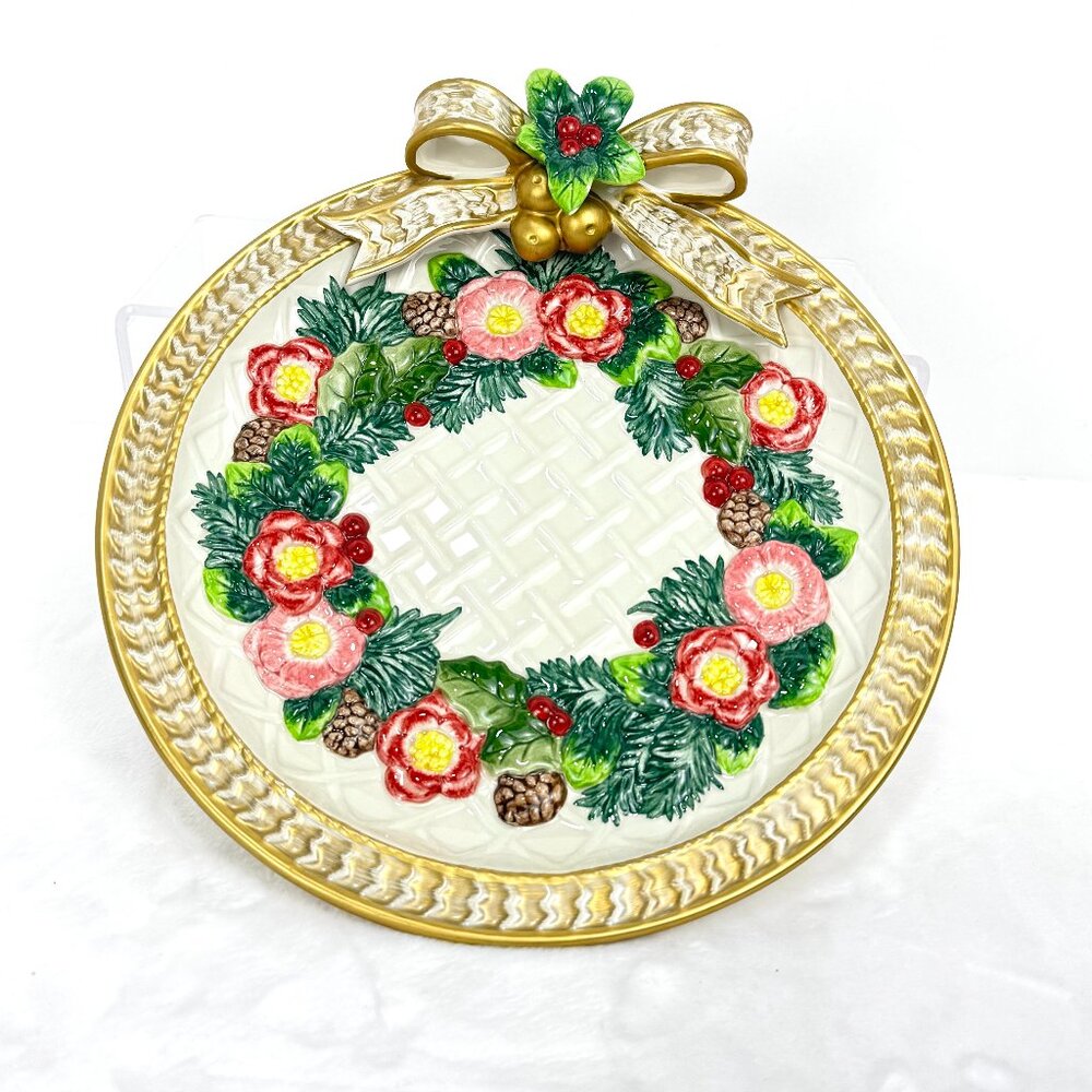 Fitz and Floyd Classics Christmas Raised Ribbon Wreath Canape Plate Red Vintage